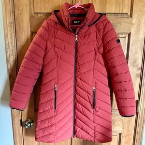 DKNY Red Quilted Long Puffer Coat with Hood Size medium